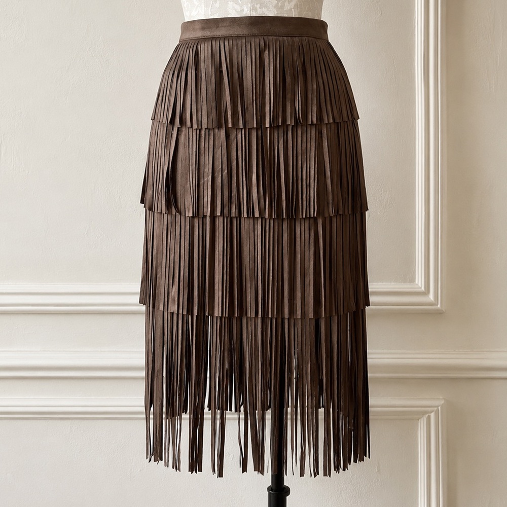 Crescent Brown Tiered Fringe Midi Skirt - Picture 1 of 4